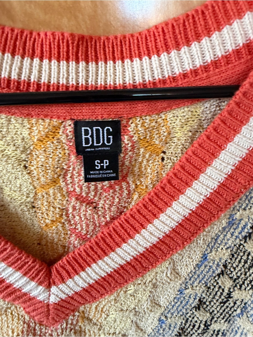 BDG Multicolor V-Neck Knit Sweater Vest - Coral, Yellow, Blue, Black, Cream - Picture 2 of 3